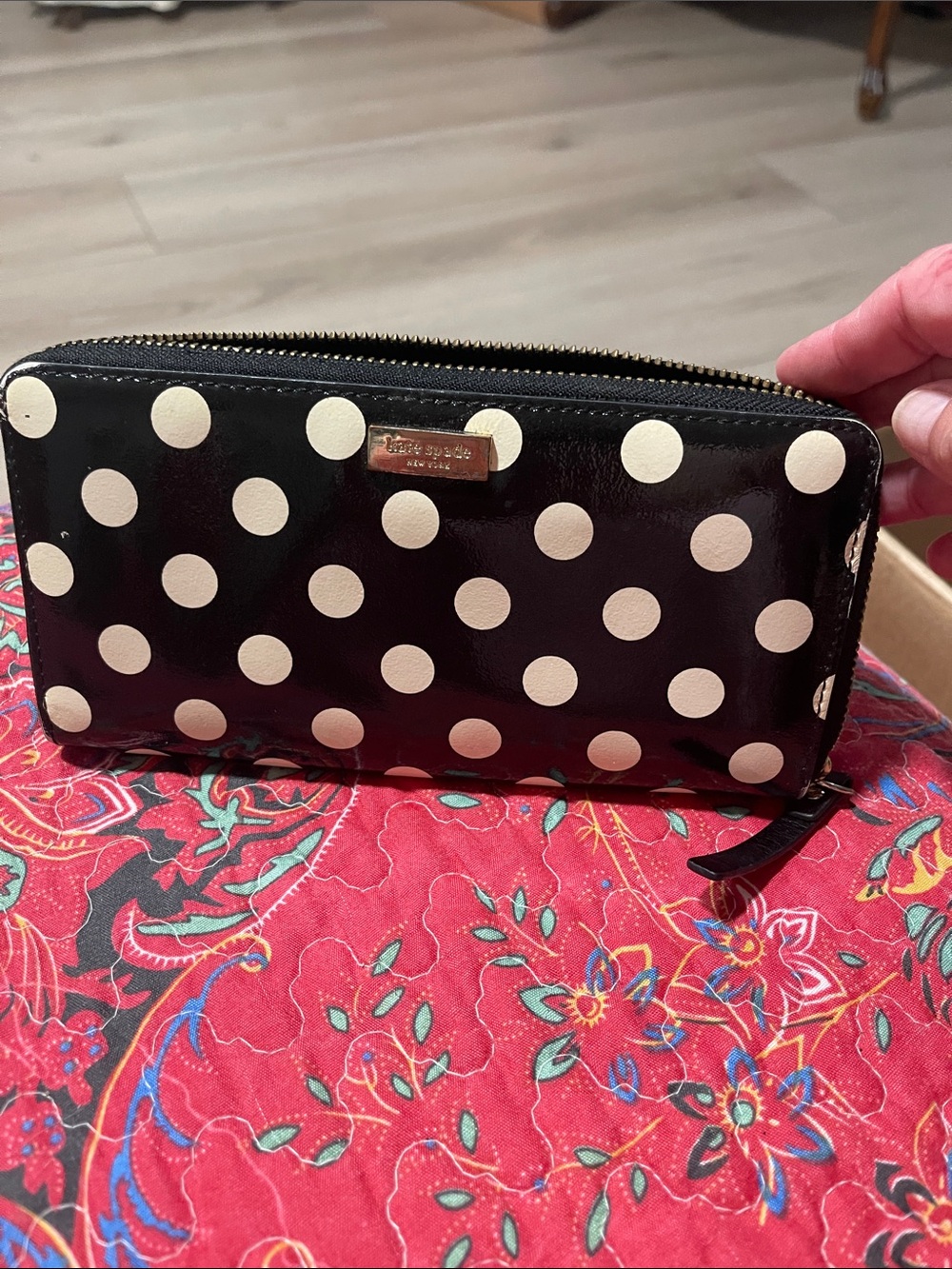 Kate Spade Black and Cream Polka Dot Zip Around Wallet